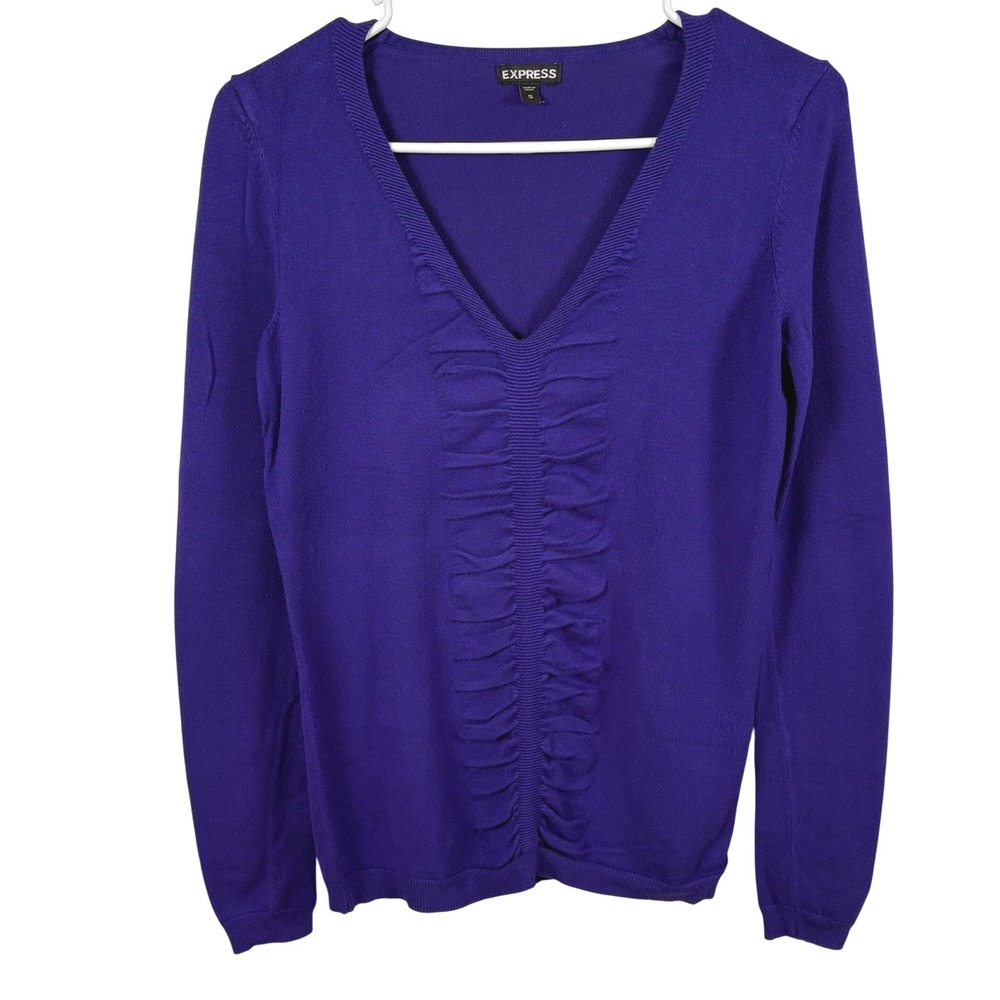 Express V-Neck Ruched Sweater Women's S Purple Long-Sleeve Fitted Stretchy
